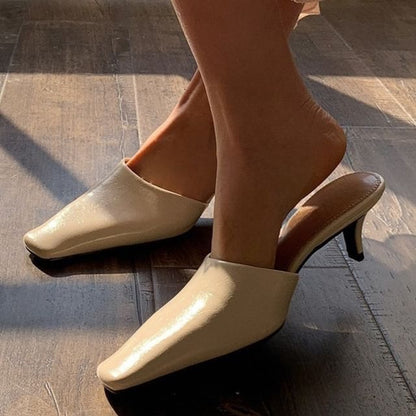 Faux Mules Leather Square Kitten Heel Toe