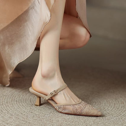 Pointed Heel Floral Kitten Toe Mules Mesh