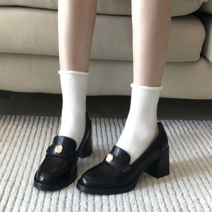 Chunky Leather Loafers Heel Faux