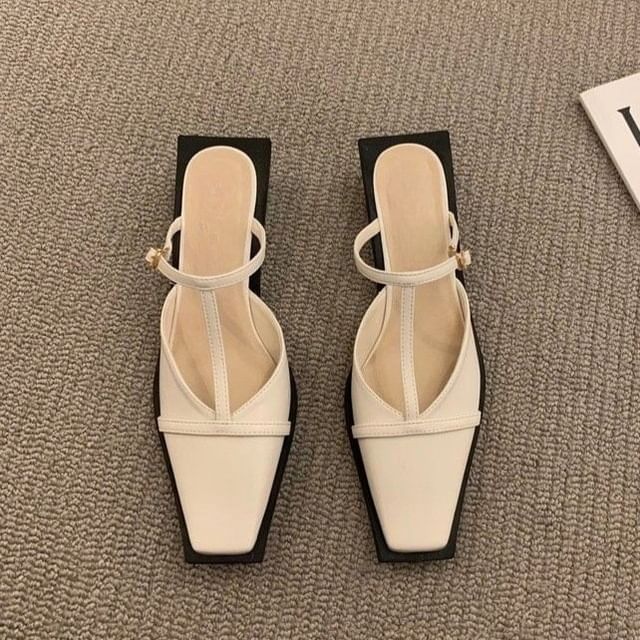 Mules Toe Chunky Heel T-Strap Square