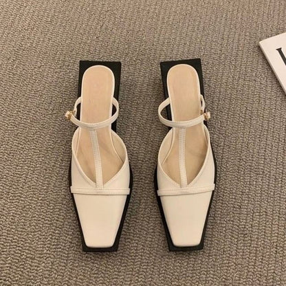 Mules Toe Chunky Heel T-Strap Square