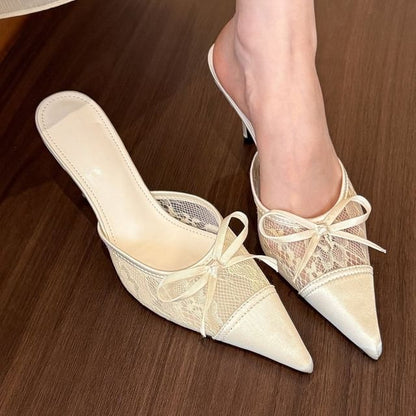 Panel Lace Bow Toe Stiletto Pointed Mules Heel