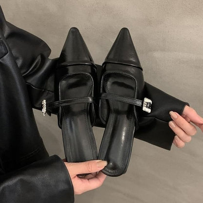 Mules Toe Chunky Heel Pointed Buckled