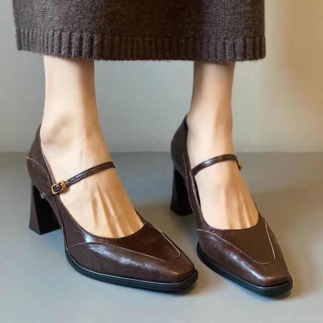 Mary Heel Chunky Faux Jane Shoes Leather