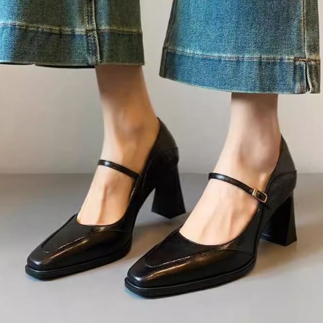 Mary Heel Chunky Faux Jane Shoes Leather