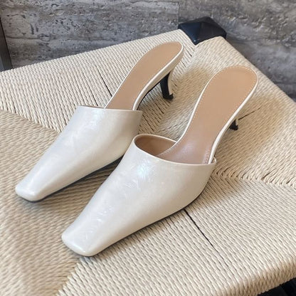 Faux Mules Leather Square Kitten Heel Toe