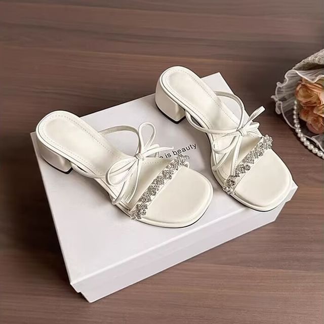 Sandals Heel Chunky Rhinestone Slide Bow
