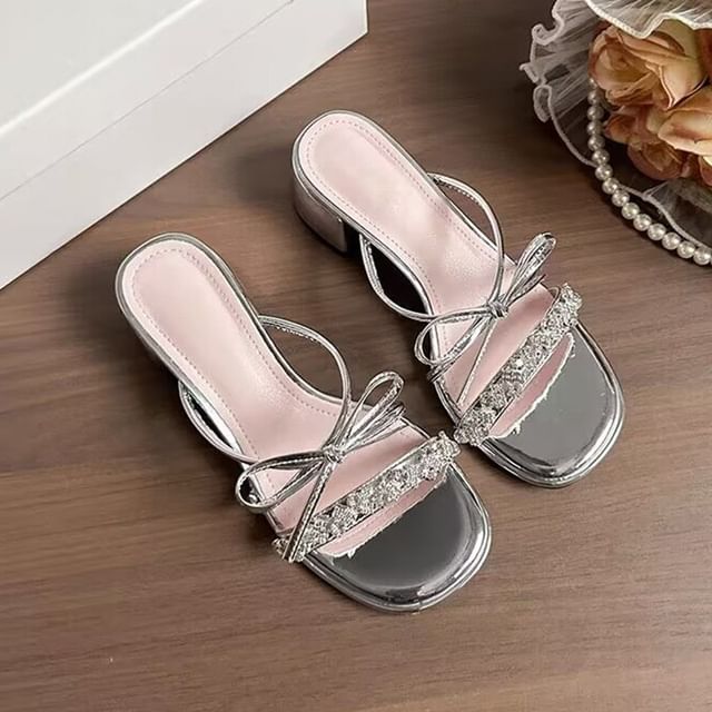 Sandals Heel Chunky Rhinestone Slide Bow