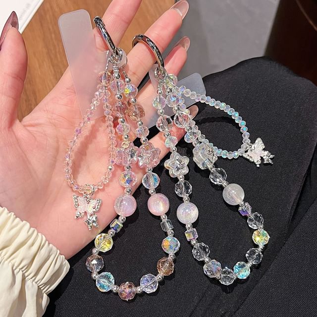Butterfly Pad with Wrist Phone Faux Crystal Lanyard Strap Beaded