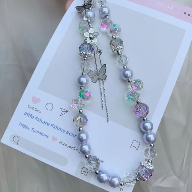 Strap Pad Faux Phone Butterfly with Wrist Lanyard Pearl