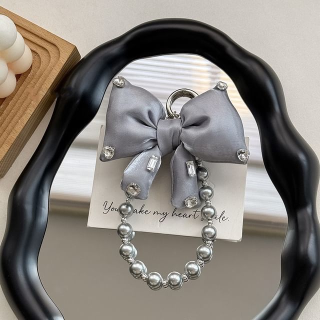 Bow with Rhinestone Charm Pearl Pad Faux Phone Lanyard