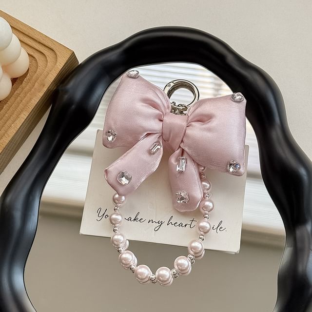 Bow with Rhinestone Charm Pearl Pad Faux Phone Lanyard