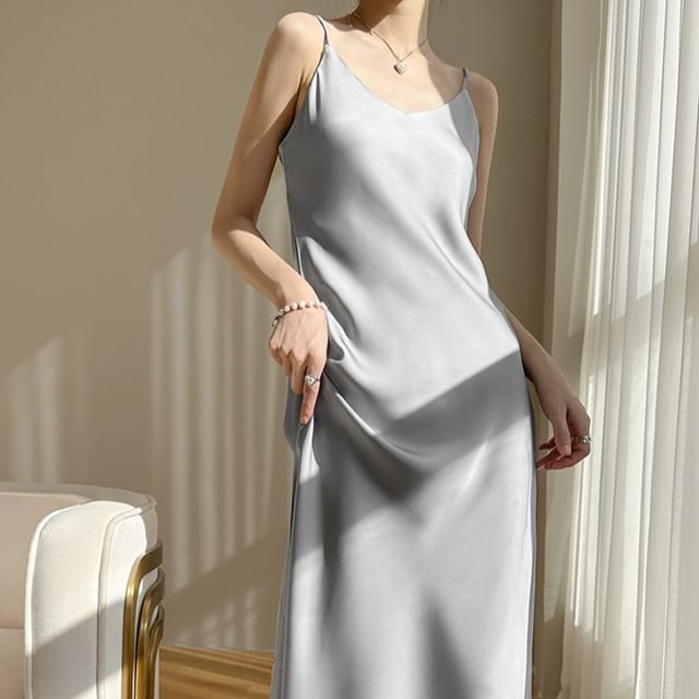 A-Line Strap Satin Dress V-Neck Plain Midi Spaghetti