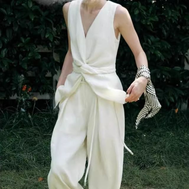 V-Neck Rise High Tank Plain Leg Knot Wide Top Pants Slit /