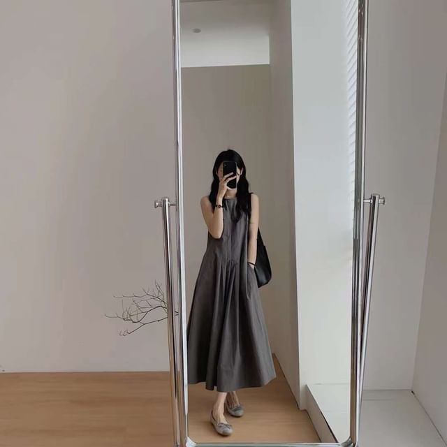 Pleated Dress Midi Neck A-Line Plain Crew Sleeveless