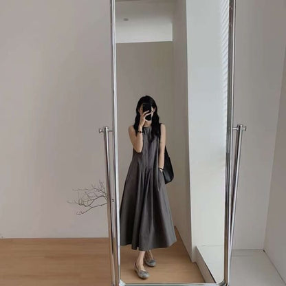 Pleated Dress Midi Neck A-Line Plain Crew Sleeveless