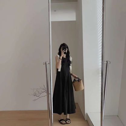 Pleated Midi Neck Plain Dress Crew Sleeveless A-Line