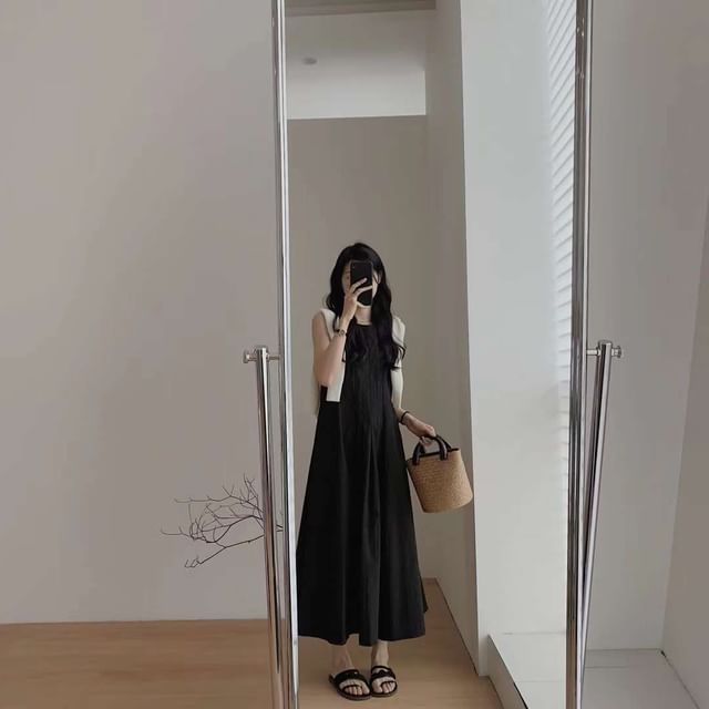 Pleated Dress Midi Neck A-Line Plain Crew Sleeveless