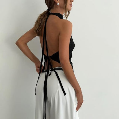 Mock Top Plain Open Halter Back Neck Asymmetrical Crop Slim Fit