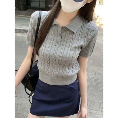 Crop Shirt Polo Plain Cable Knit Short-Sleeve