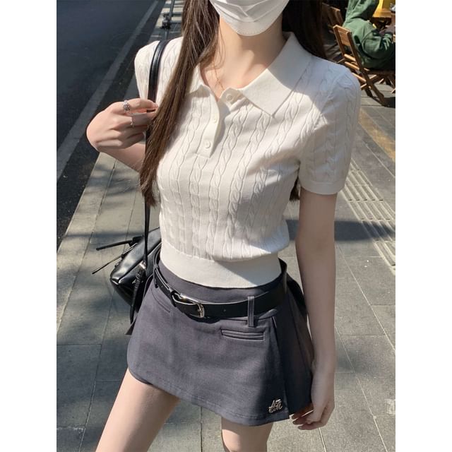 Crop Shirt Polo Plain Cable Knit Short-Sleeve