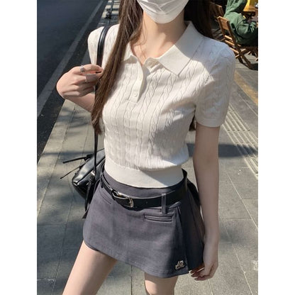 Crop Shirt Polo Plain Cable Knit Short-Sleeve
