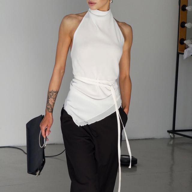 Asymmetrical Halter Mock Fit Plain Back Open Top Neck Slim Crop