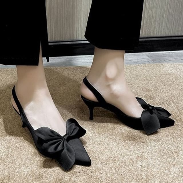 Bow Toe Pumps Pointed Satin Slingback