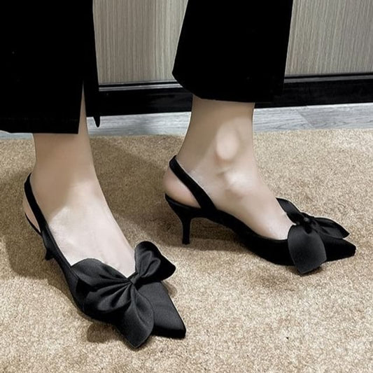 Bow Toe Pumps Pointed Satin Slingback