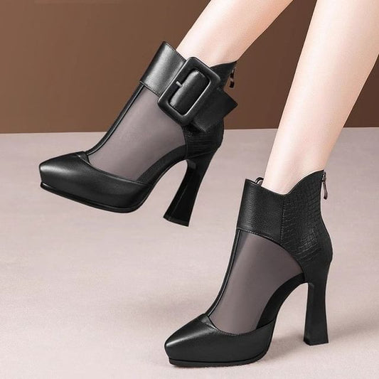 Platform Boots Mesh Toe Panel Pointed Buckled Short