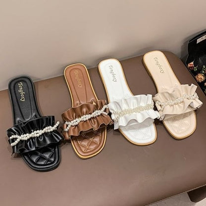 Ruffle Faux Pearl Sandals Slide