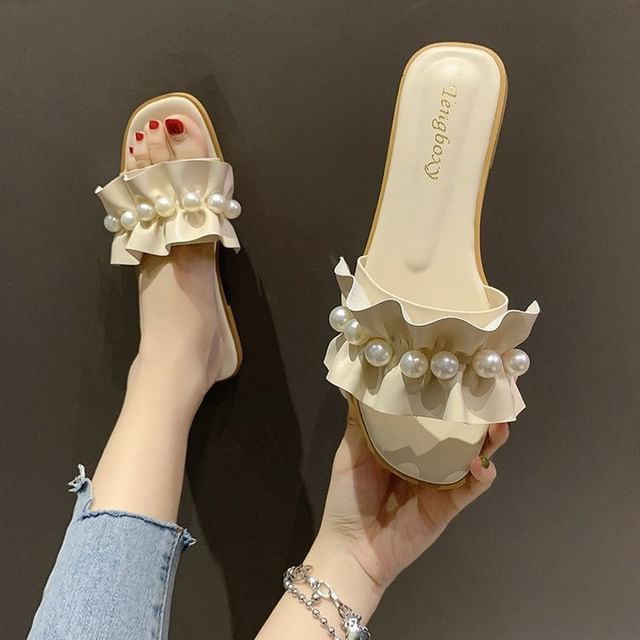 Ruffle Slide Faux Sandals Pearl
