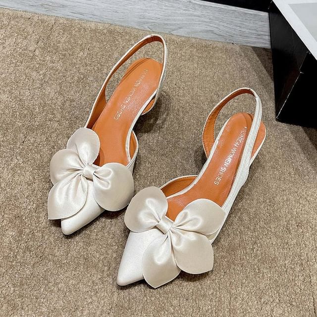 Bow Toe Pumps Pointed Satin Slingback