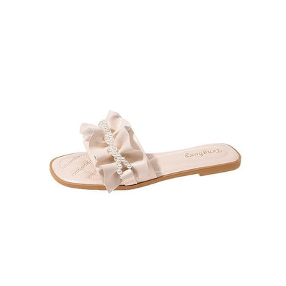 Ruffle Faux Pearl Sandals Slide