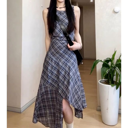 Round Neck Plaid Asymmetrical Sleeveless Maxi A-Line Dress