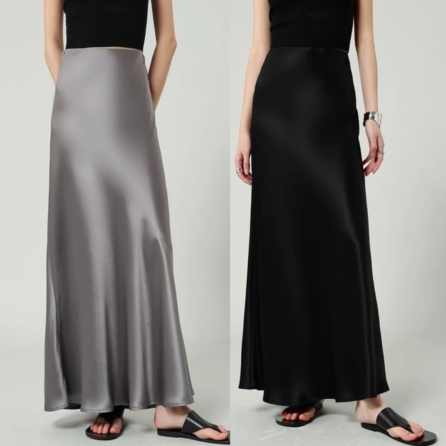 Skirt Maxi Waist A-Line High Plain Satin