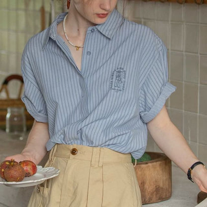 Embroidered Blouse Elbow-Sleeve Striped Button-Up Collared