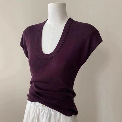 Slim Scoop Knit Cap-Sleeve Neck Plain Top Fit