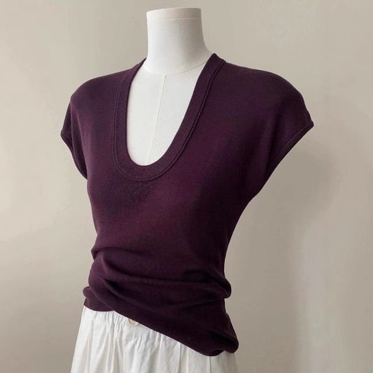 Slim Scoop Knit Cap-Sleeve Neck Plain Top Fit