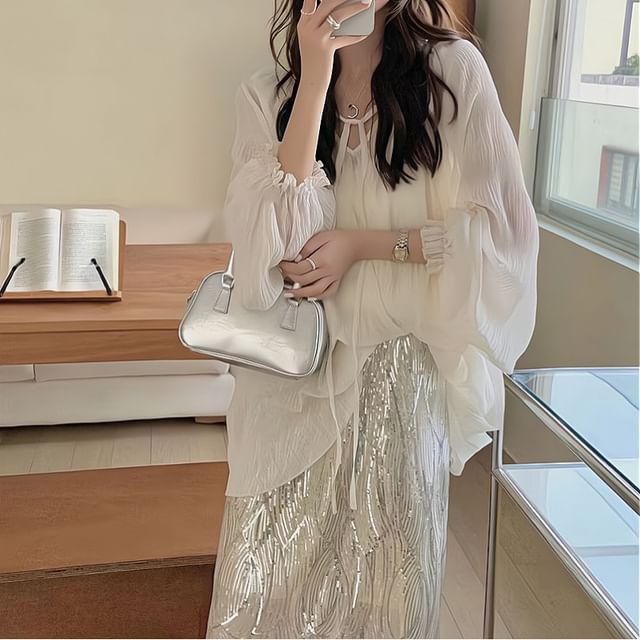 Sheer Blouse Cami Top Rise Skirt Plain Tie High V-Neck / Sequin Front Midi Set H-Line Long-Sleeve