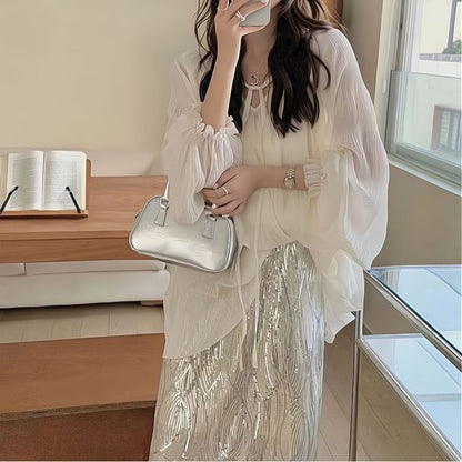 Sheer Blouse Cami Top Rise Skirt Plain Tie High V-Neck / Sequin Front Midi Set H-Line Long-Sleeve
