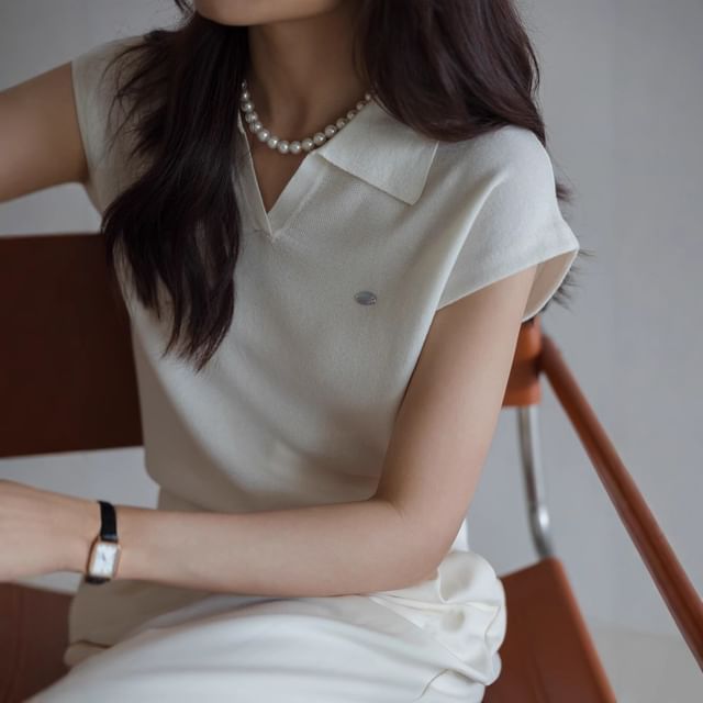 V-Neck Cap-Sleeve Top Crop Collared Knit Plain