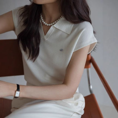 V-Neck Cap-Sleeve Top Crop Collared Knit Plain