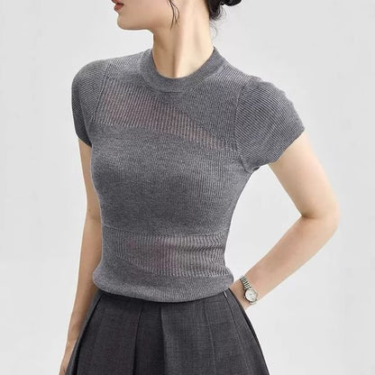 Cap-Sleeve Top Round Panel Sheer Plain Knit Neck