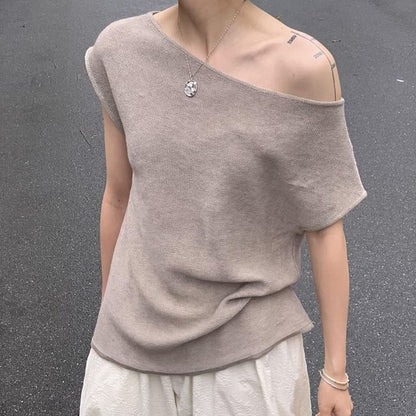 Off-Shoulder Knit Plain Top Short-Sleeve