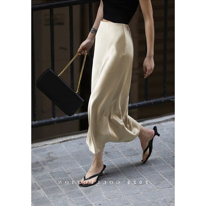 Satin Slit Rise Skirt High Midi Plain Pencil