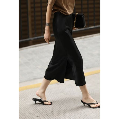 Rise Satin Midi Skirt Slit Pencil Plain High