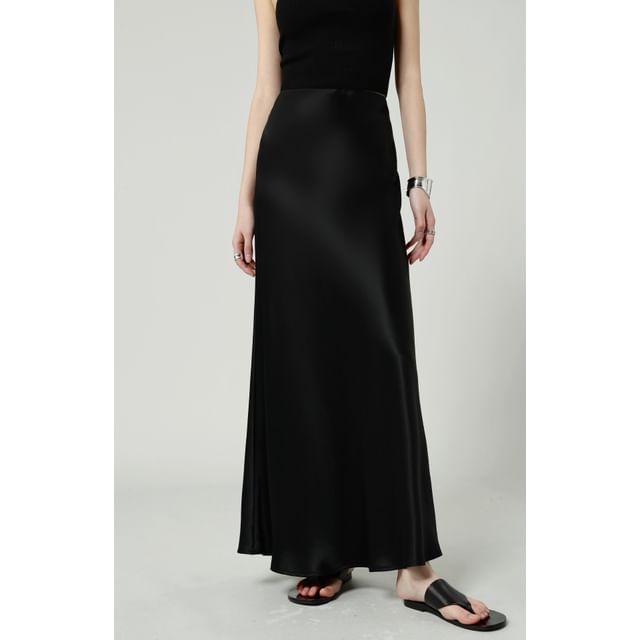 Waist A-Line Skirt Plain Maxi High Satin