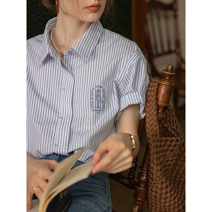 Blouse Embroidered Collared Striped Elbow-Sleeve Button-Up