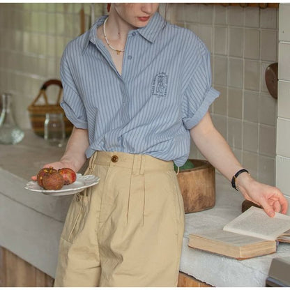 Blouse Embroidered Collared Striped Elbow-Sleeve Button-Up